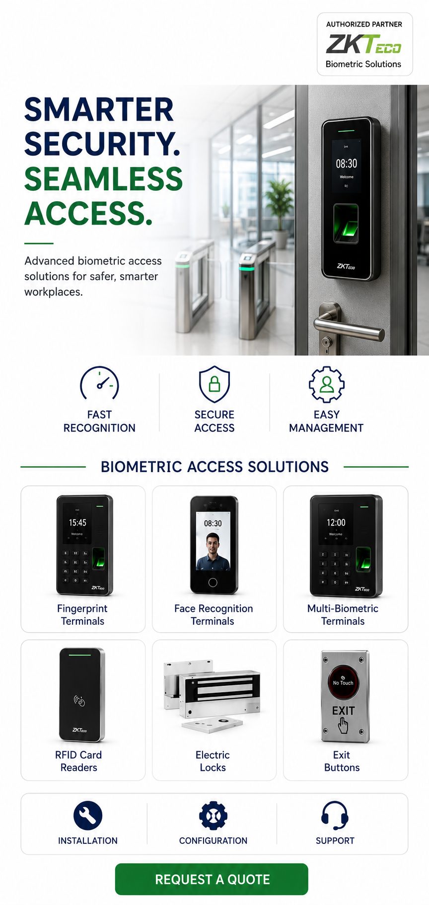 ZKTeco biometric terminals, RFID readers, electric locks and exit buttons